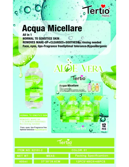 Tertio Agua Micelar Aloe Vera 400ml – Limpieza Suave para Piel Sensible