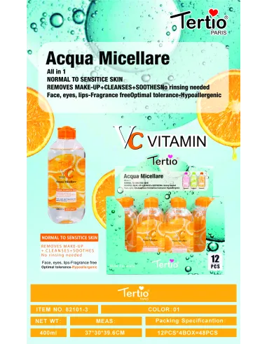 Tertio Agua Micelar Vitamina C 400ml – Limpia, Desmaquilla y Aporta Luminosidad