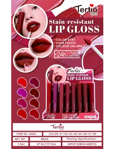 Tertio Stain-resistant Lip Gloss – Brillo de Labios de Larga Duración y Alta Pigmentación (Ref. 30003)