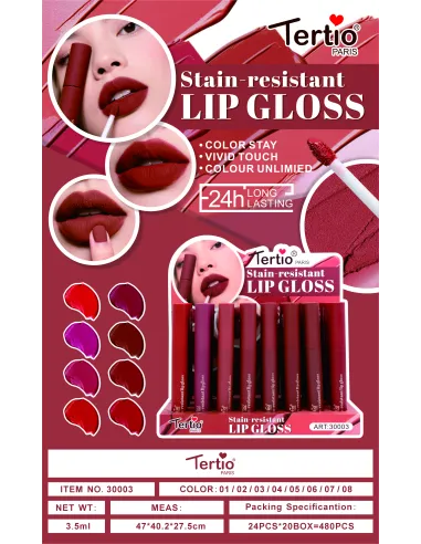 Tertio Stain-resistant Lip Gloss – Brillo de Labios de Larga Duración y Alta Pigmentación (Ref. 30003)